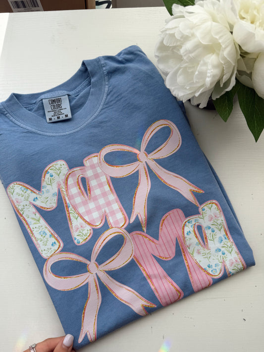 Pink & Blue Floral Bow Mama Tee