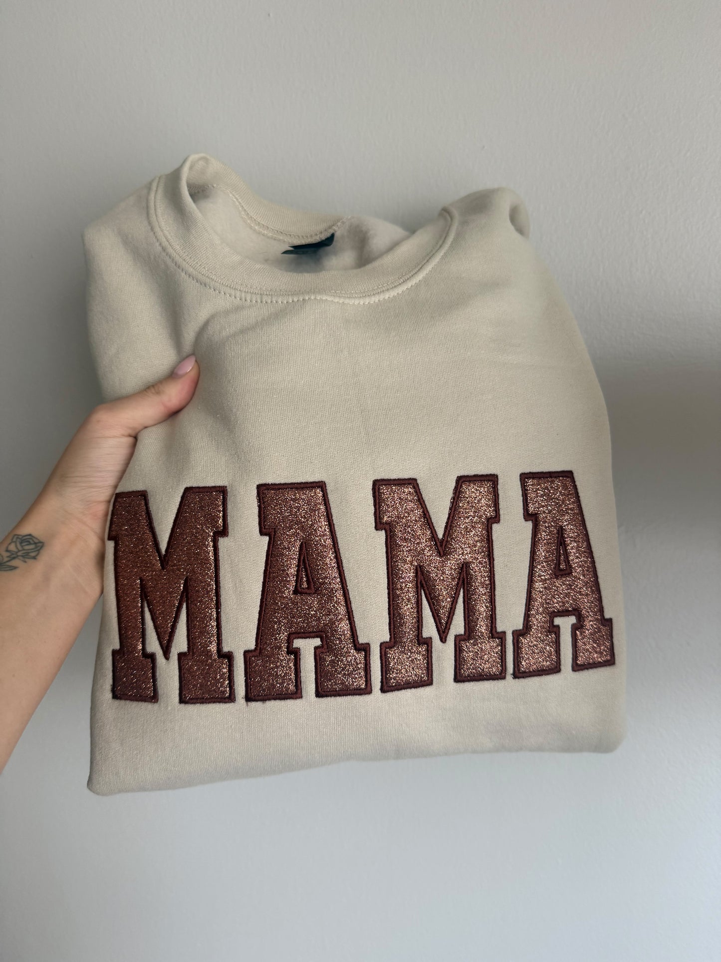 Brown Glitter Mama Embroidered Crewneck