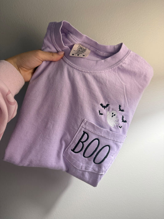 Halloween Boo Embroidered Pocket Tee